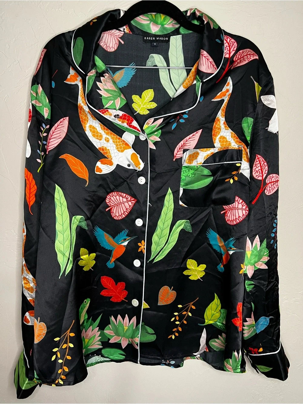 Karen Mabon 100% Silk Black Botanical Koi Fish Bird Luxury 2 Piece Pajama Set